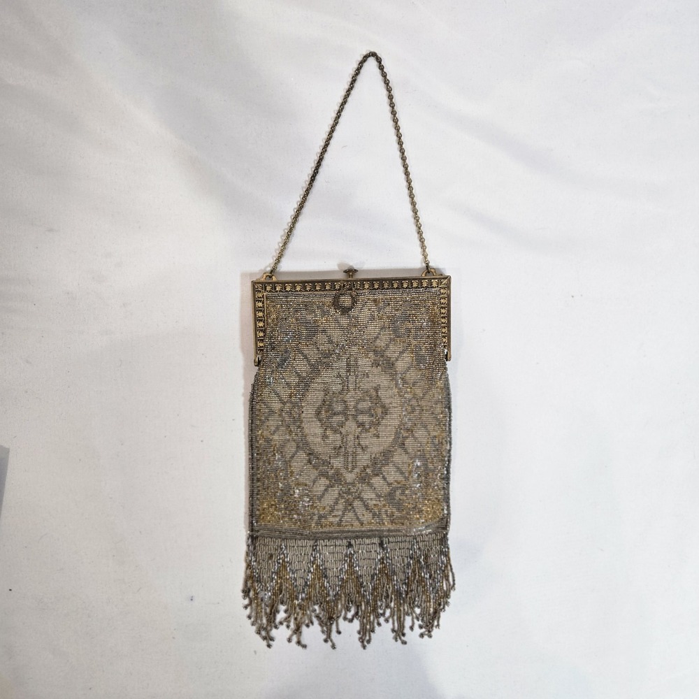 Antique Art Deco Micro Beaded Fringe Purse Silver Gold Evening Bag Damask Patter